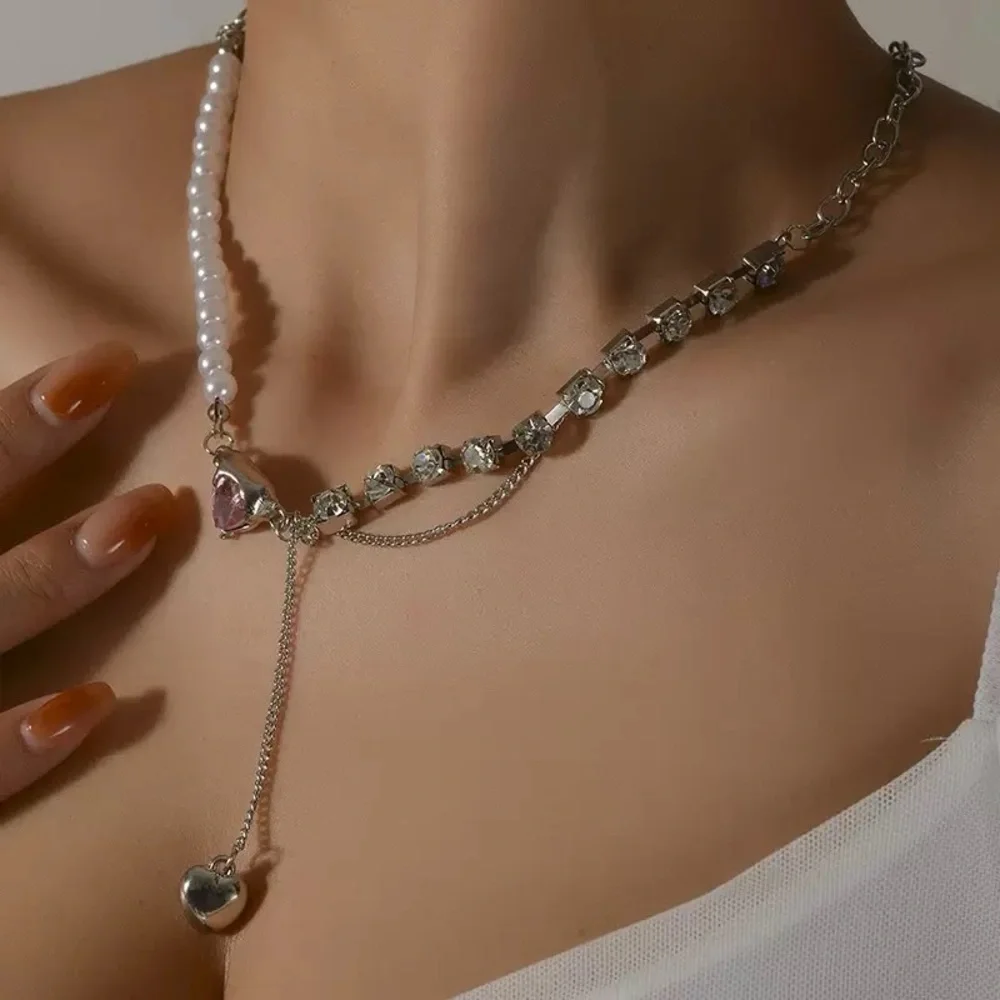 Mixed Pearl, Crystal & Pink Heart Layered Necklace